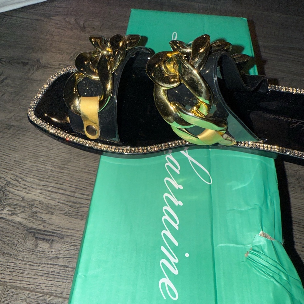 Lauren Lorraine Gold and Black Chain Sandals
